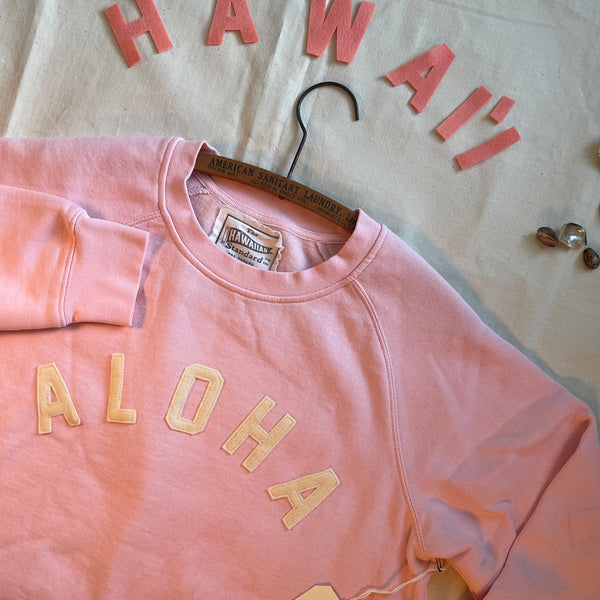 Mens Raglan Fleece Light Pink x Ivory ALOHA Applique