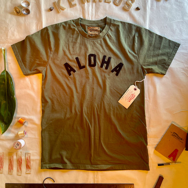 Mens Cotton T-Shirt in Olive x Aloha applique