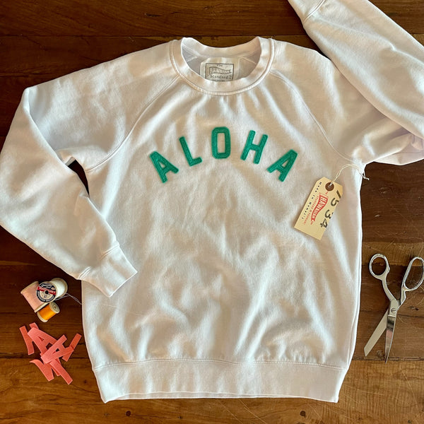 Mens-Unisex Raglan Fleece White x Aqua ALOHA Applique'