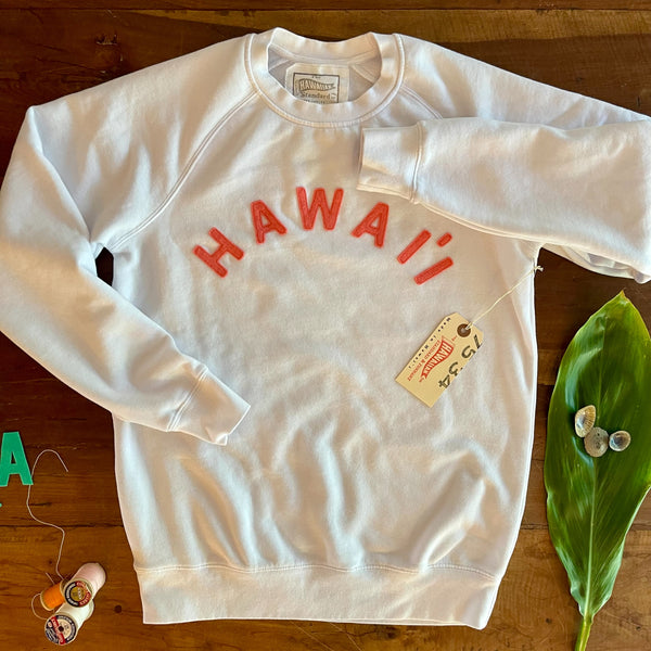 Mens-Unisex Raglan Fleece White x Coral HAWAI`I Applique'